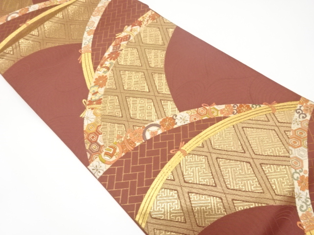 JAPANESE KIMONO / ANTIQUE FUKURO OBI / SILK / WOVEN FENCE & FLOWER